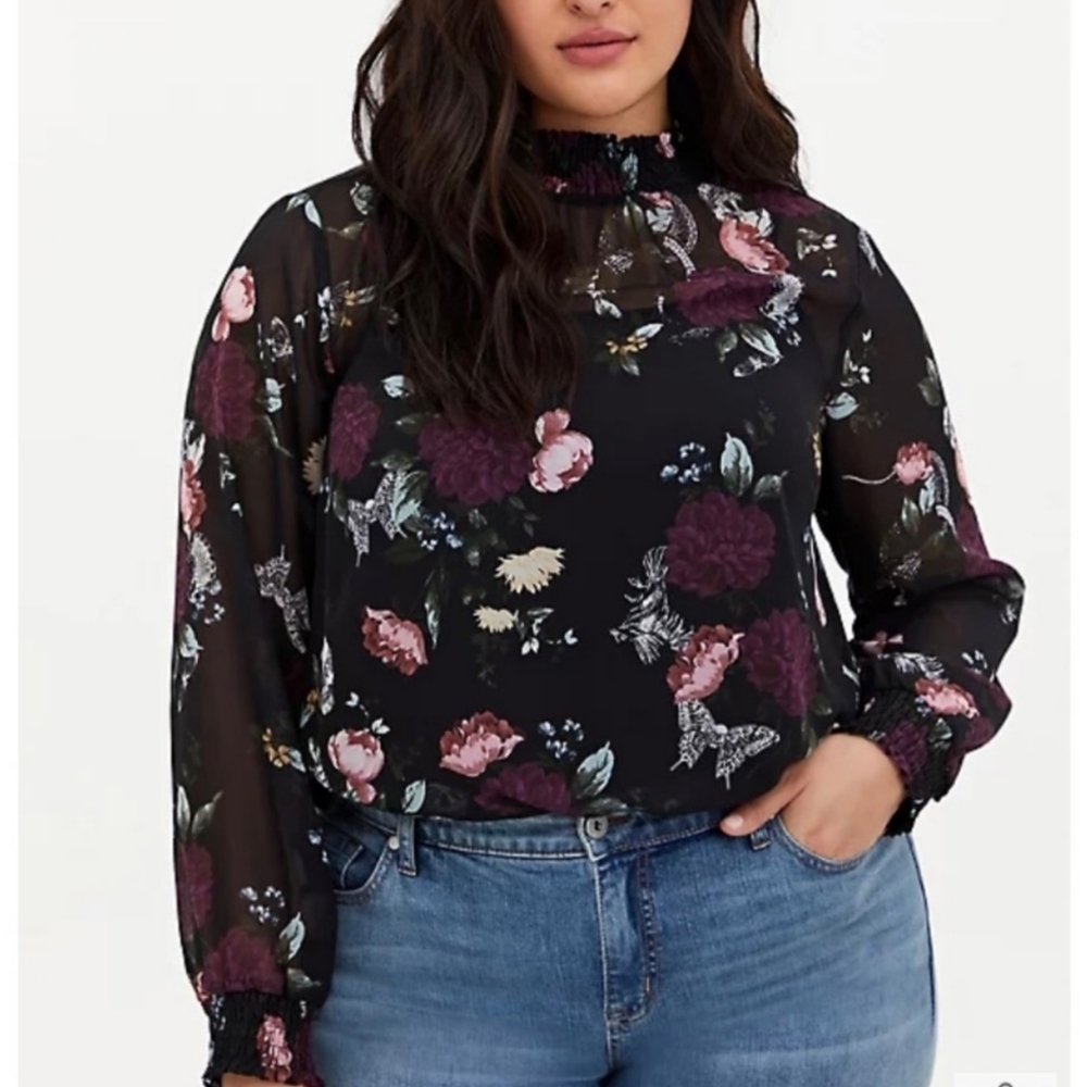 BLACK FLORAL CHIFFON SMOCKED MOCK NECK BLOUSE
